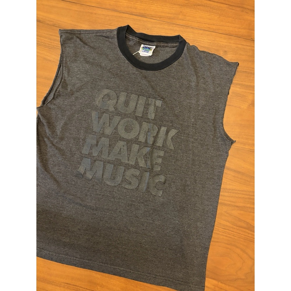 Vintage Quit Work Make Music Cut Off T Shirt Men L Rock 90s Musician Guitar Band